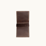 Open vintage brown wallet in Fairtrade certified leather with compartments for cards and notes for sustainable client and employee gifts