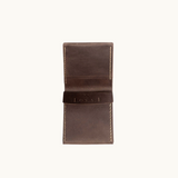 Open vintage brown wallet in Fairtrade certified leather with compartments for cards and notes for sustainable client and employee gifts