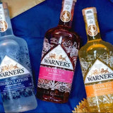 Three bottles of Warner's brand gin arranged on a blue fabric background: a clear bottle labeled Congratulations, a dark bottle labeled Thank You with pink label, and a golden bottle labeled Thank You with orange label.