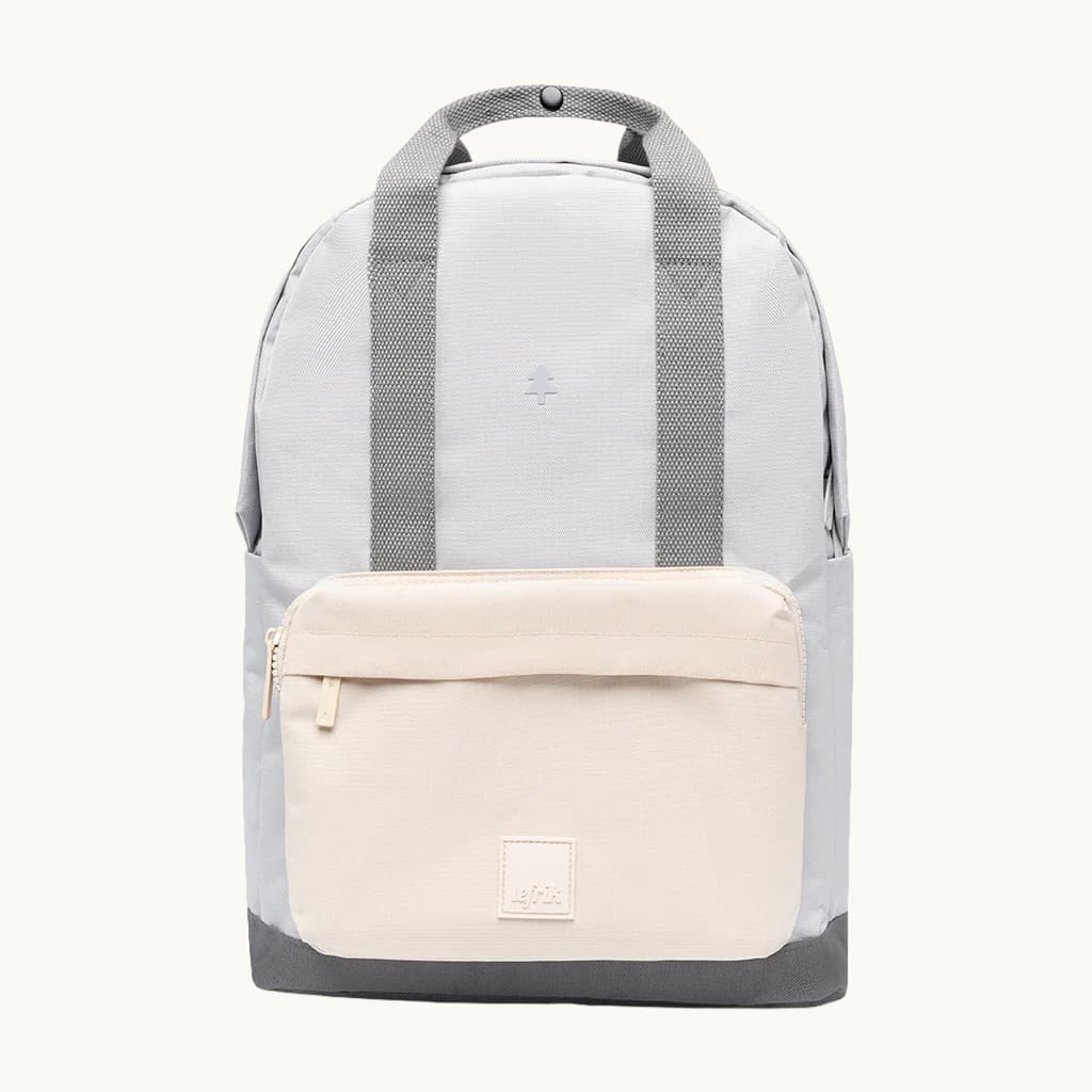 Water Resistant Backpack 15L in grey and cream, front, showing logo placement