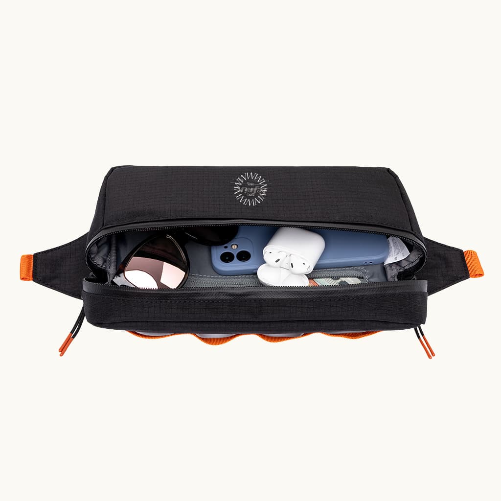 Water Resistant Frame Bag in black, open, showing capacity and logo placement.
