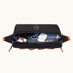 Water Resistant Frame Bag in black, open, showing capacity and logo placement.