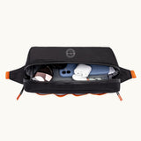 Water Resistant Frame Bag in black, open, showing capacity and logo placement.