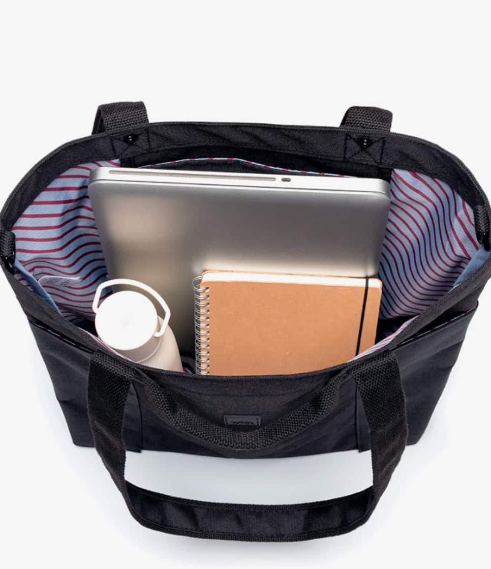 Water-Resistant Tote Bag in black, open