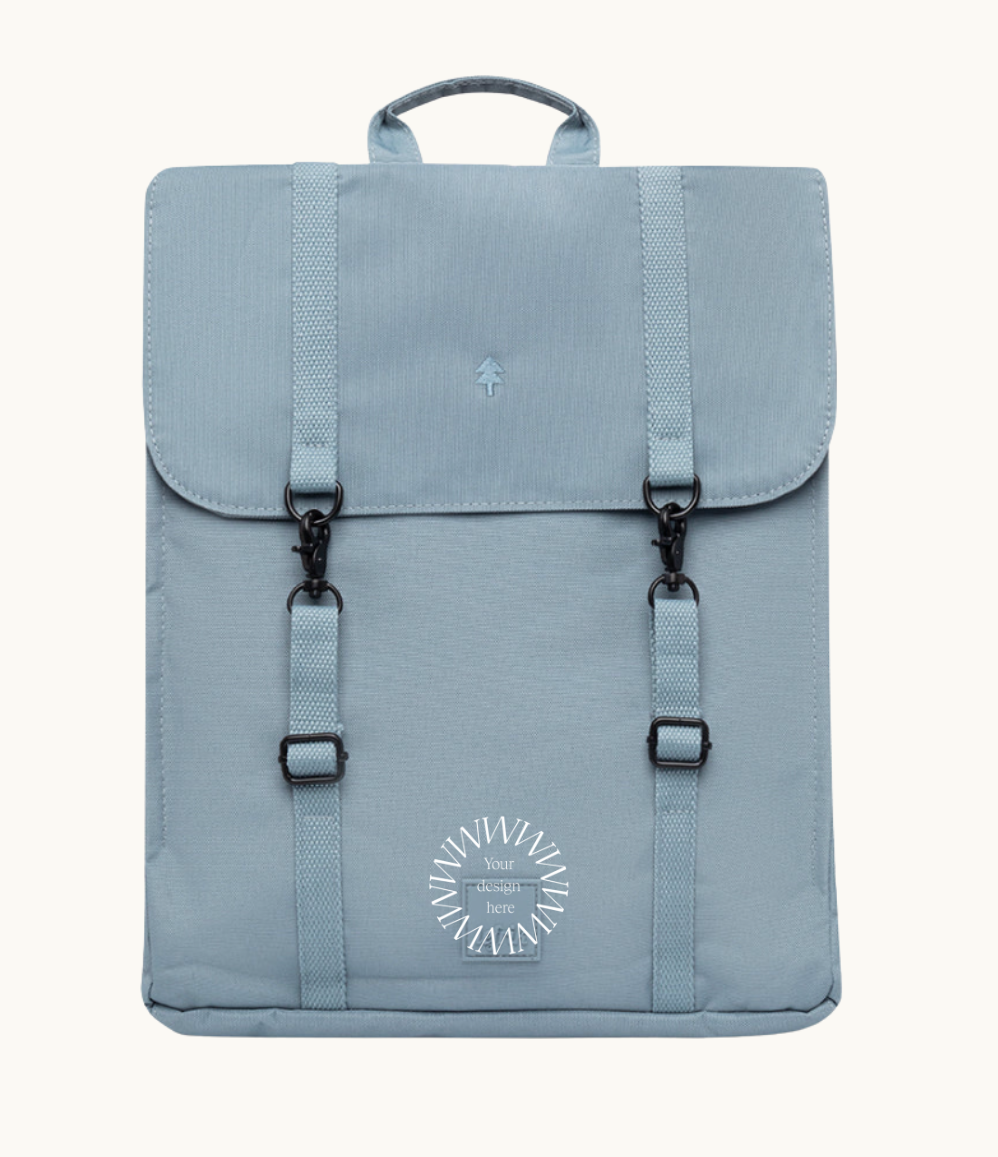 Stone blue vegan slim backpack. Eco-friendly branded merchandise