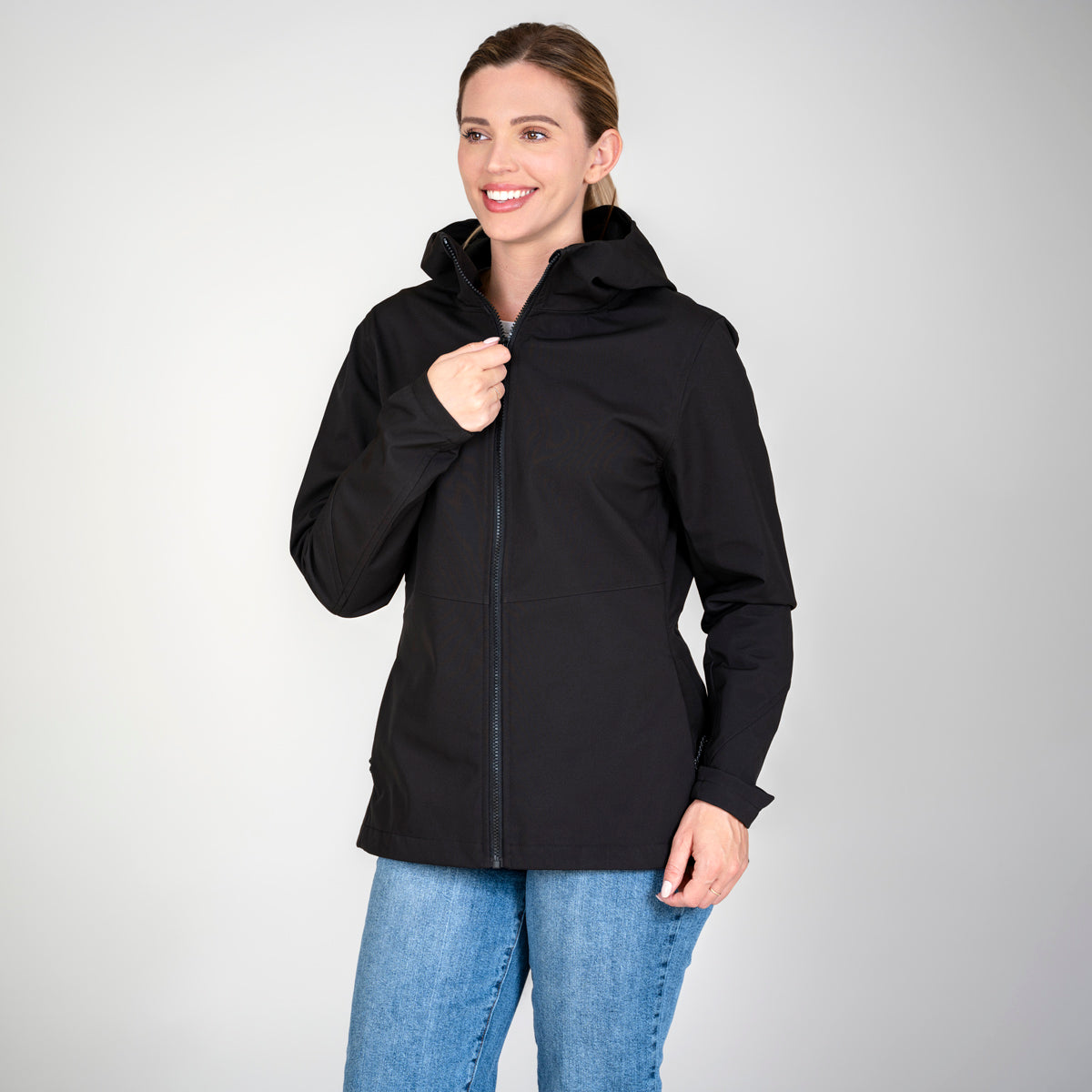 Women’s soft shell hoodie front view in black. Eco branded company swag for employees and events.