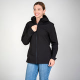 Women’s soft shell hoodie front view in black. Eco branded company swag for employees and events.