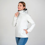 Women’s soft shell hoodie front view in white. Eco branded company swag for corporate events and employee gifts.