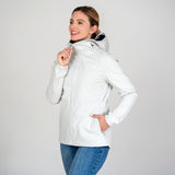 Women’s soft shell hoodie front view in white. Eco branded company swag for corporate events and employee gifts.