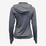 Back view of women's zip neck sun hoodie with thumbholes. Eco branded clothing for team-building events and corporate swag.