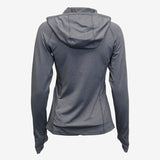 Back view of women's zip neck sun hoodie with thumbholes. Eco branded clothing for team-building events and corporate swag.