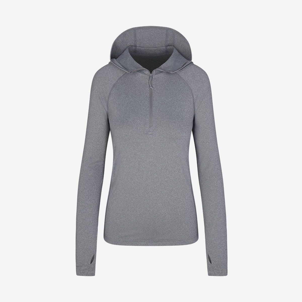 Women's zip neck sun hoodie with thumbholes, front view. Eco branded clothing for company swag