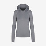 Women's zip neck sun hoodie with thumbholes, front view. Eco branded clothing for company swag