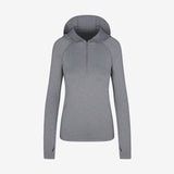 Women's zip neck sun hoodie with thumbholes, front view. Eco branded clothing for company swag