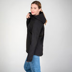 Women's black soft shell hoodie back and side view