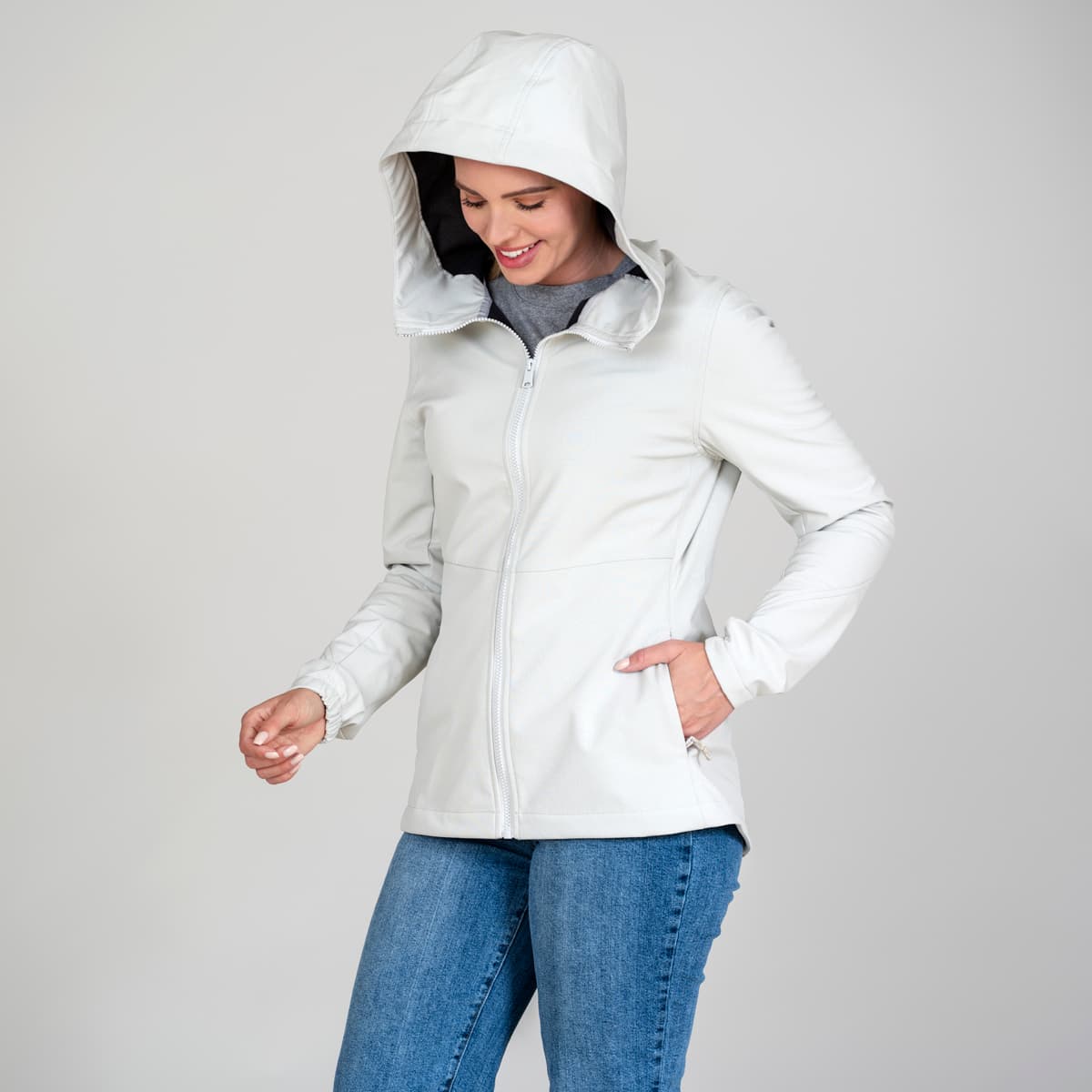 Women's white soft shell hoodie made from recycled materials
