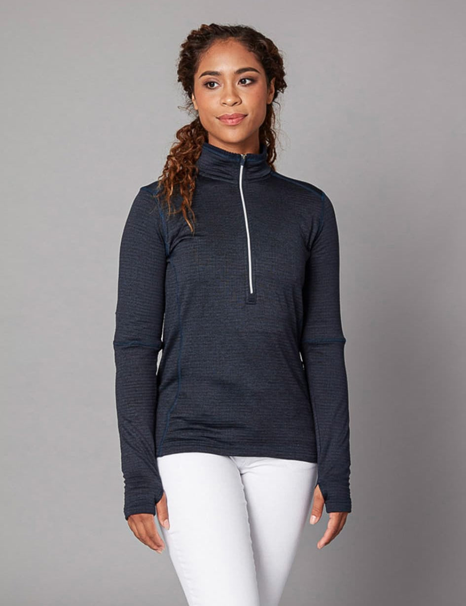 Women's Zip Neck Jumper in blue, worn
