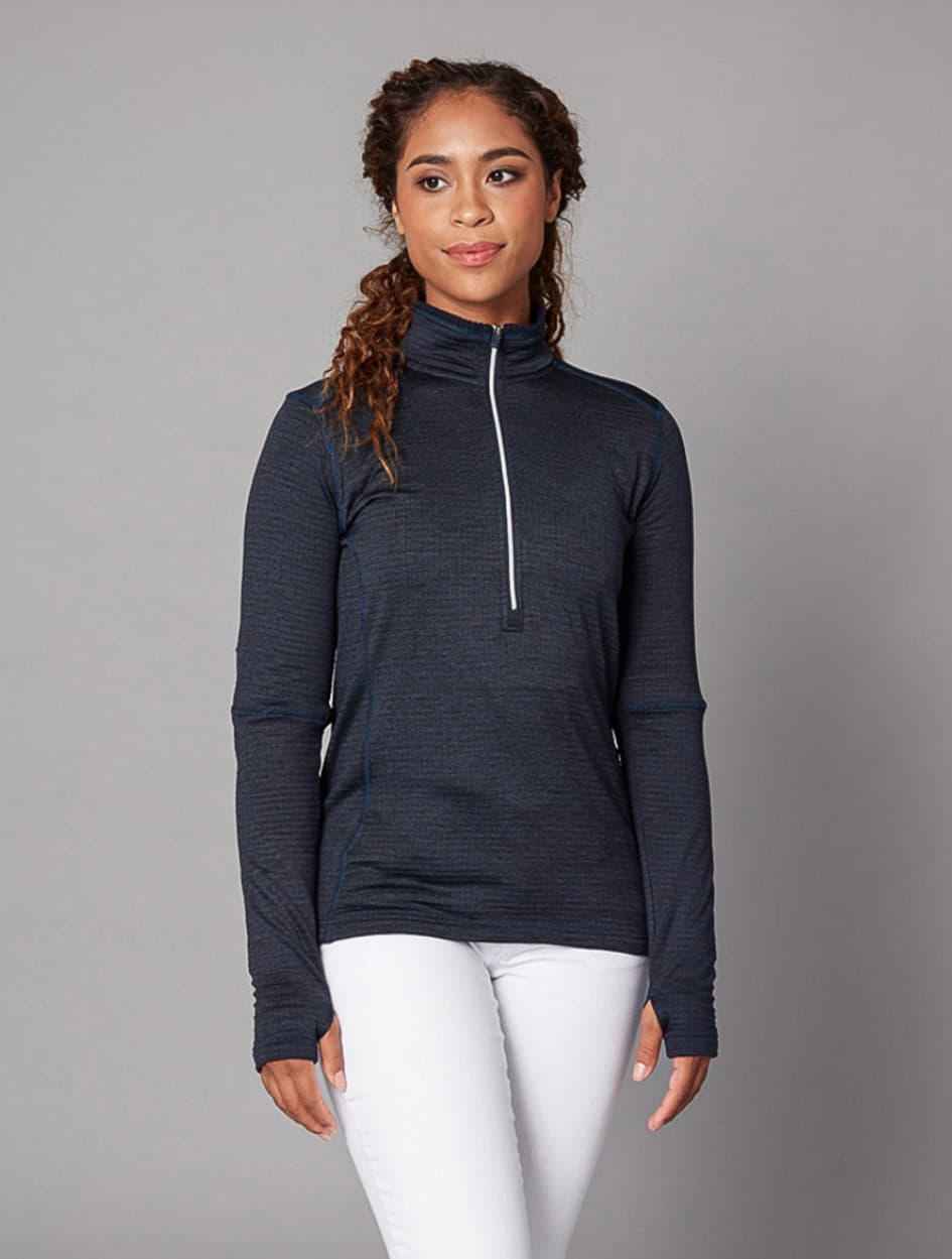 Women's Zip Neck Jumper in blue, worn