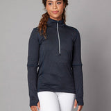 Women's Zip Neck Jumper in blue, worn