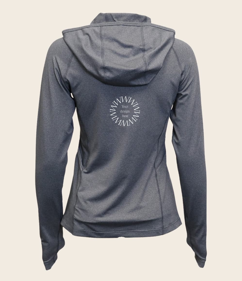 Women's Zip Neck Sun Hoodie, back showing logo placement 