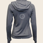 Women's Zip Neck Sun Hoodie, back showing logo placement 