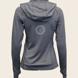 Women's Zip Neck Sun Hoodie, back showing logo placement 