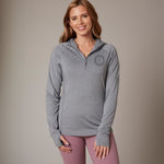 Women's Zip Neck Sun Hoodie, worn, showing thumbholes