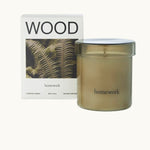 Wood scented candle detail with wood, earth, moss and green notes, client gift