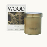 Wood scented candle detail with wood, earth, moss and green notes, client gift