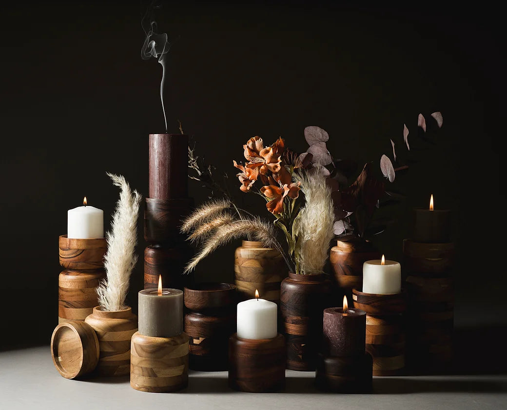 Wooden candle holder set Teak Jobillo and Granadillo handcrafted Guatemala sustainable corporate gift UK