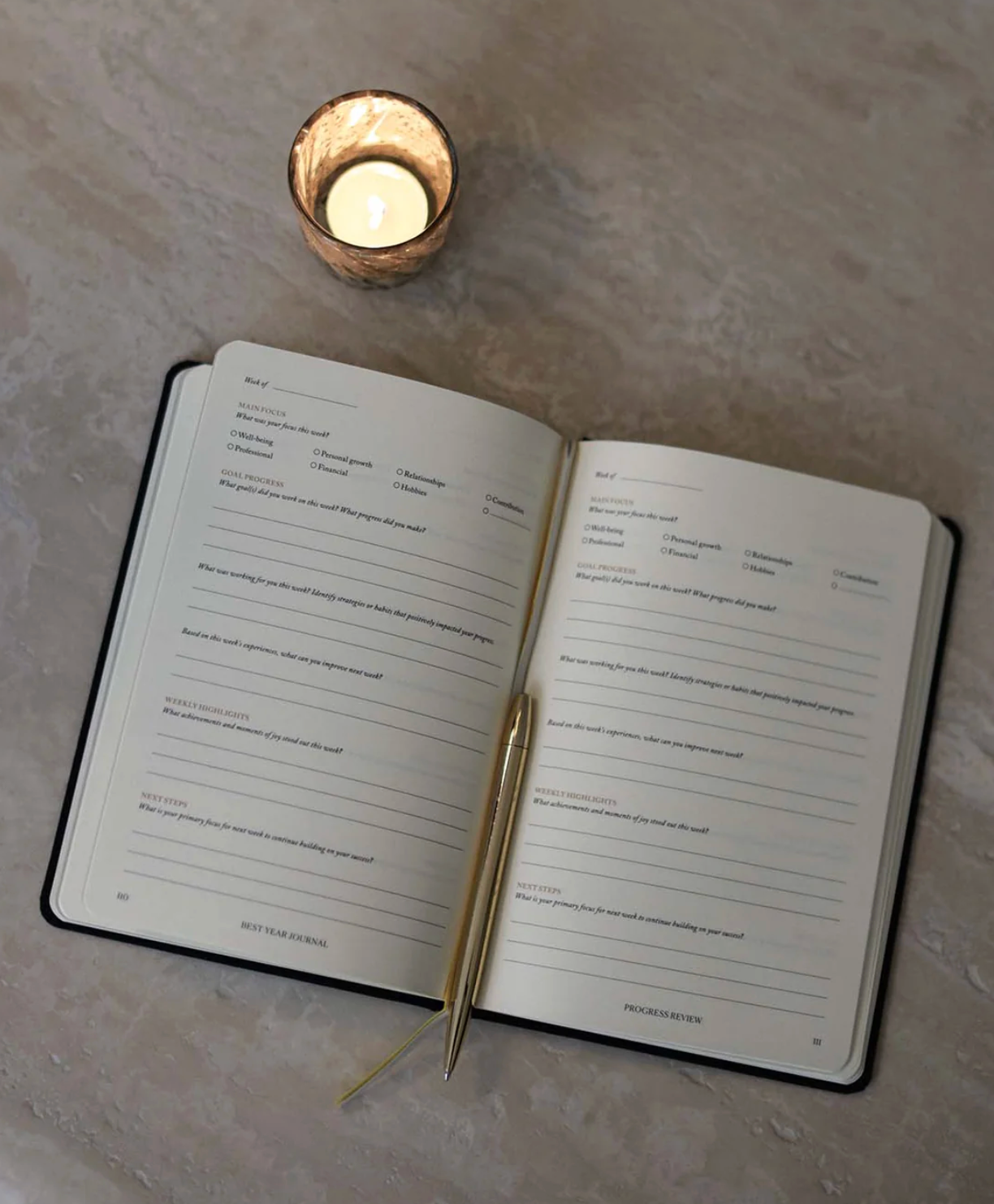 Yearly Growth Journal Planner in black linen cover on desk, wellness and productivity business gift for employees and clients.