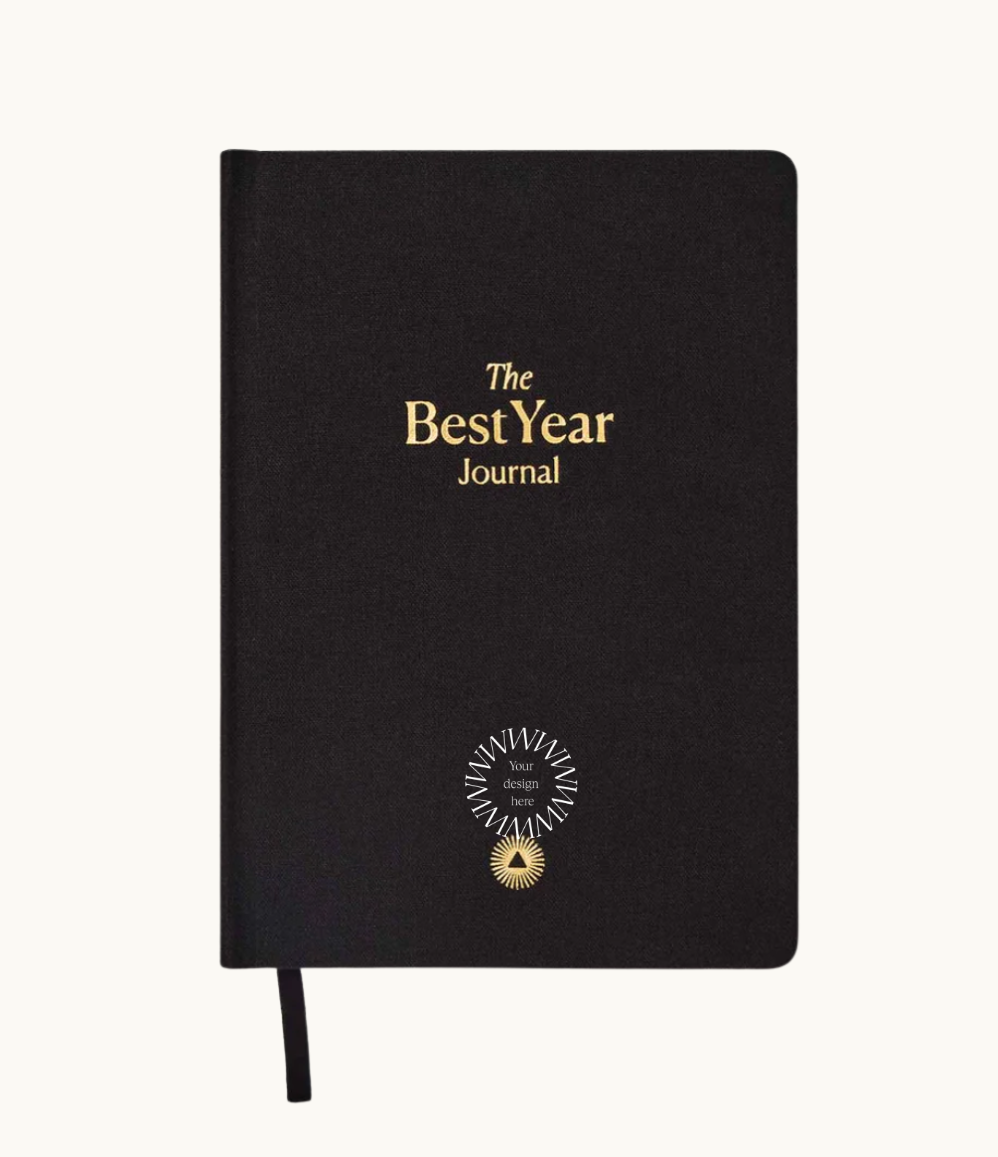Yearly Growth Journal Planner in black linen cover, personalised corporate gift and branded business stationery.