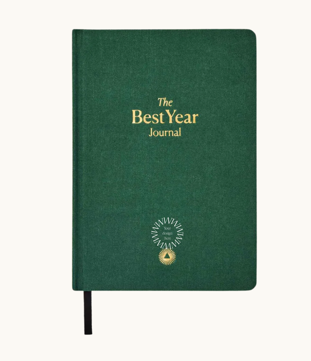 Yearly Growth Journal Planner in green linen cover, sustainable branded business stationery and ideal corporate gift for employees and clients.