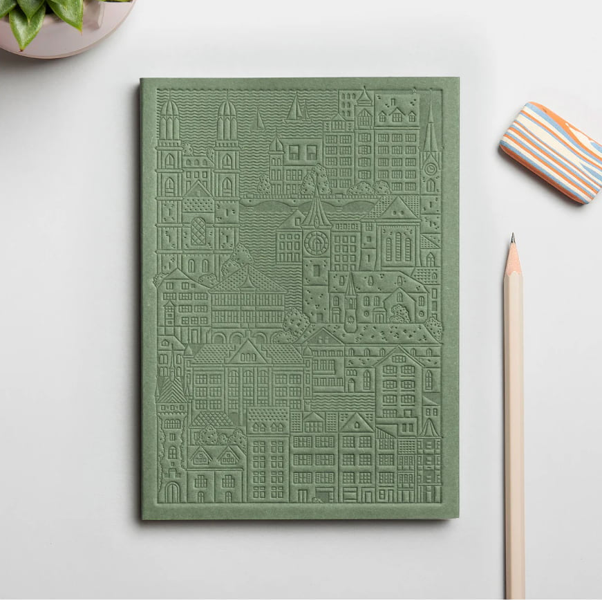 Green debossed Zurich notebook personalised for corporate gifting, premium sustainable event swag