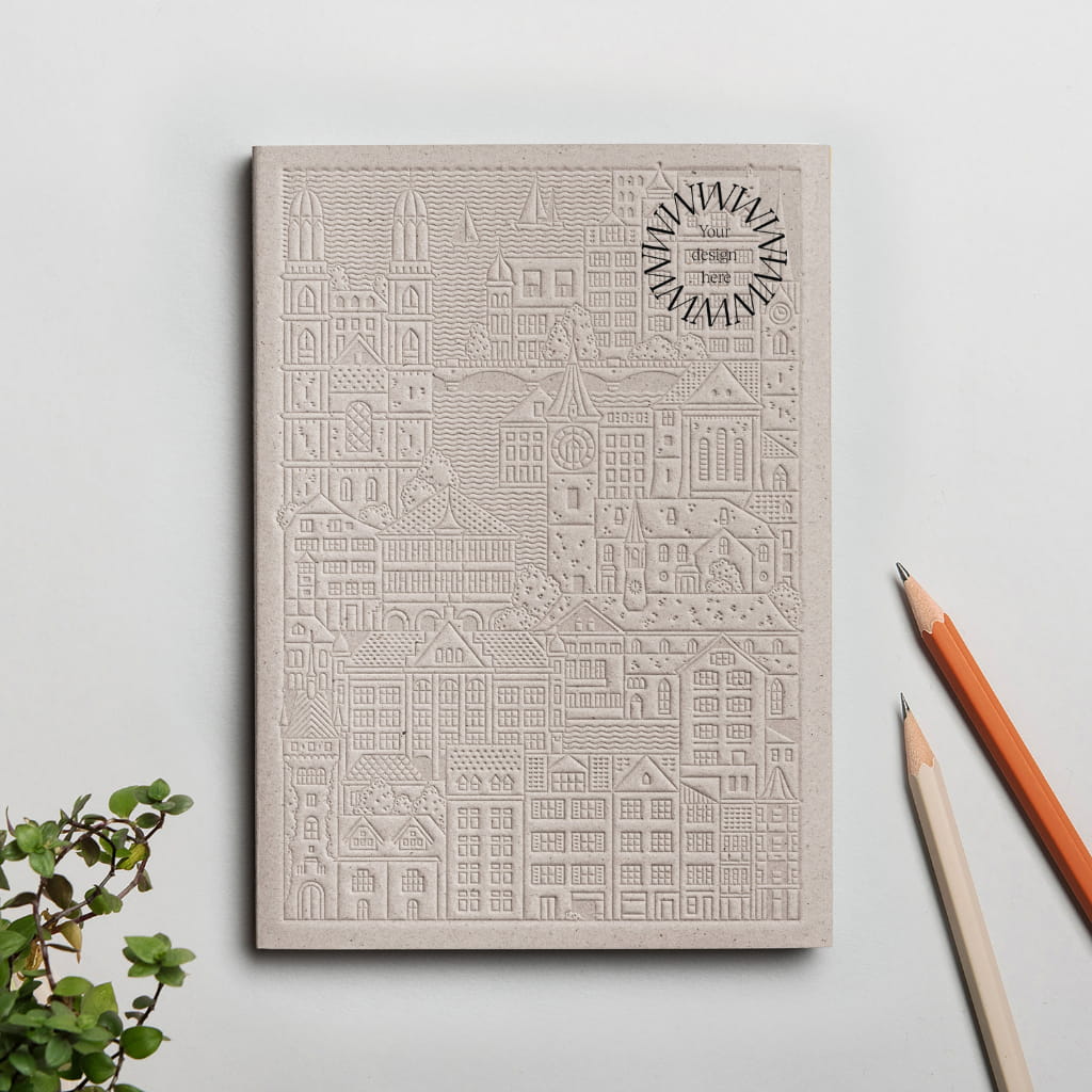 Grey debossed Zurich notebook personalised for corporate gifting, premium sustainable event swag