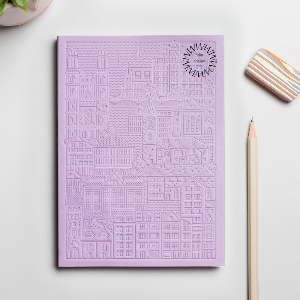 Premium lavender Zurich notebook with debossed logo, personalised sustainable corporate gift for events