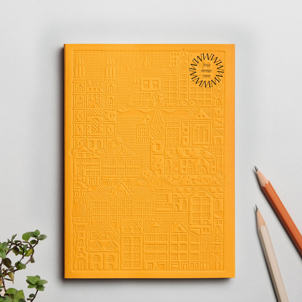 Premium yellow Zurich notebook with debossed logo, personalised sustainable corporate gift for events